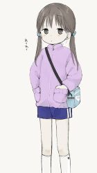 Rule 34 | 1girl, bag, black hair, blue bag, blue shorts, blush, child, closed mouth, feet out of frame, grey background, grey eyes, hair bobbles, hair ornament, hands in pockets, highres, jacket, kneehighs, long sleeves, looking at viewer, low twintails, medium hair, nanoningen (anapoko), original, print socks, purple jacket, short shorts, shorts, shoulder bag, simple background, socks, sound effects, standing, twintails, white socks, zipper