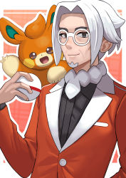 Rule 34 | 1boy, akagi kurage, buttons, clavell (pokemon), closed mouth, commentary request, creatures (company), facial hair, game freak, glasses, goatee, hand up, highres, holding, holding poke ball, jacket, long sleeves, male focus, nintendo, on shoulder, orange jacket, pawmi, poke ball, pokemon, pokemon (creature), pokemon on shoulder, pokemon sv, premier ball, round eyewear, short hair, smile, upper body, white-framed eyewear, white hair