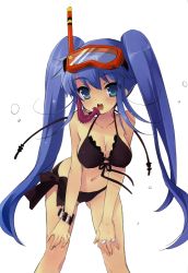 Rule 34 | 00s, 1girl, :o, absurdres, aqua eyes, arm support, bent over, bikini, black bikini, blue eyes, blue hair, blush, bracelet, breasts, cleavage, covered erect nipples, diving mask, front-tie top, goggles, highres, ito noizi, jewelry, large breasts, leg hold, long hair, matching hair/eyes, nanatsuiro drops, navel, official art, open mouth, ring, scan, side-tie bikini bottom, sideboob, simple background, snorkel, solo, standing, swimsuit, twintails, very long hair, wet, yuuki nona