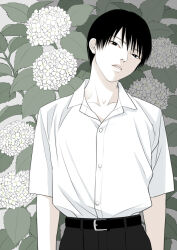 Rule 34 | 1boy, arms at sides, belt, black belt, black eyes, black hair, black pants, buttons, collarbone, collared shirt, commentary, english commentary, floral background, flower, head tilt, hiakko, hydrangea, leaf, leaf background, looking at viewer, male focus, muted color, open collar, original, pale skin, pants, parted lips, school uniform, shirt, shirt tucked in, short hair, short sleeves, solo, upper body, white flower, white shirt