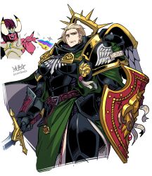 Rule 34 | 1boy, 1girl, adeptus astartes, armor, belt, black armor, blonde hair, breastplate, breasts, cape, closed mouth, colored skin, dark angels, demon horns, emperor&#039;s shield, fealty (weapon), gauntlets, genderswap, genderswap (mtf), gold trim, green cape, green eyes, green robe, halo, highres, holding, holding sword, holding weapon, horns, large breasts, lion el&#039;jonson, looking at viewer, looking down, magnus the red, pauldrons, power armor, primarch, rainbow, red hair, red skin, robe, ryuusei (mark ii), shield, short hair, shoulder armor, signature, skull, sword, thousand sons, warhammer 40k, weapon, white background