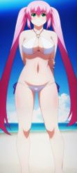 Rule 34 | 10s, 1girl, beach, bikini, blush, breasts, cleavage, embarrassed, green eyes, hagure yuusha no estetica, highres, large breasts, long hair, navel, ocean, ousawa miu, pink hair, sand, screencap, sky, stitched, swimsuit, thighs, third-party edit, twintails, white bikini