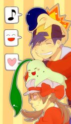 Rule 34 | &gt; &lt;, 00s, 1boy, 1girl, :d, ^ ^, alternate costume, animal, animal on head, backwards hat, bad id, bad pixiv id, baseball cap, black hair, blush, bow, brown hair, cabbie hat, chikorita, closed eyes, creatures (company), cyndaquil, ethan (pokemon), game freak, gen 2 pokemon, gloom (expression), grin, hat, head rest, heart, leaning, low twintails, lyra (pokemon), musical note, nintendo, object on head, on head, open mouth, person on head, pokemon, pokemon (creature), pokemon hgss, pokemon on head, quaver, seichirou, short hair, smile, speech bubble, spoken expression, spoken musical note, stacking, sweatdrop, twintails, xd