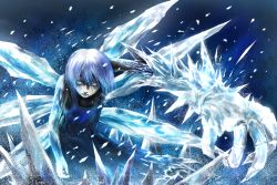 Rule 34 | 1girl, blue background, blue eyes, blue hair, chama (painter), cirno, ice, ice wings, looking at viewer, matching hair/eyes, solo, touhou, wings
