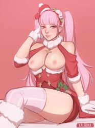 Rule 34 | 1girl, absurdres, breasts, breasts out, christmas, female focus, fire emblem, fire emblem: three houses, gloves, highres, hilda valentine goneril, kalruna, large breasts, long hair, looking at viewer, matching hair/eyes, mistletoe, nintendo, nipples, official alternate costume, parted lips, pink eyes, pink hair, pink thighhighs, sitting, solo, striped clothes, striped thighhighs, thighhighs, thighs, twintails, white gloves