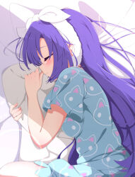 1girl absurdres animal_print bed_sheet blue_archive blue_pajamas blush bow cat_print closed_eyes closed_mouth commentary from_above hair_between_eyes hair_bow hair_down hairband hands_up highres hugging_object kame_(nokonoko10271) lens_flare long_hair official_alternate_costume official_alternate_hairstyle on_bed pajamas pillow pillow_hug print_pajamas profile purple_hair short_sleeves sleeping solo upper_body very_long_hair white_bow white_hairband yuuka_(blue_archive) yuuka_(pajamas)_(blue_archive)