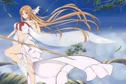 Rule 34 | 13824254wer, asuna (sao), asuna (sao-alo), bare legs, bare shoulders, barefoot, belly, braid, breasts, colored skin, dress, elf, feet, hair ornament, hair ribbon, highres, large breasts, long hair, looking at viewer, navel, orange hair, pointy ears, ribbon, side braid, solo, sword art online, toes, torn clothes, torn dress, very long hair, white skin