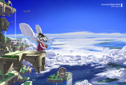 Rule 34 | 1girl, angel wings, black hair, cloud, day, floating city, floating island, landscape, large wings, nakabayashi reimei, original, outstretched arms, scenery, sky, solo, spread arms, wings