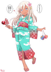 1girl blonde_hair blue_eyes blue_kimono candy_apple checkered_clothes cloud_print commentary_request dark-skinned_female dark_skin food fuji_(pixiv24804665) full_body grilled_squid highres japanese_clothes kantai_collection kimono long_hair one-piece_tan open_mouth ro-500_(kancolle) sandals smile solo tan tanline translated water_yoyo yukata