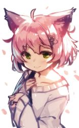 Rule 34 | 1girl, ahoge, animal ears, blush, cat hair ornament, closed mouth, collarbone, fox ears, fox girl, green eyes, hair between eyes, hair ornament, hands up, long sleeves, original, petals, pink hair, short hair, simple background, sketch, sleeves past wrists, smile, solo, sweater, white background, white sweater, yuuji (yukimimi)
