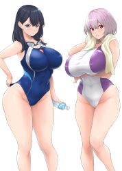 Rule 34 | 2girls, alternate breast size, bare shoulders, black hair, blue eyes, blue one-piece swimsuit, blush, breasts, collarbone, competition swimsuit, covered navel, goggles, goggles around neck, gridman universe, highleg, highleg swimsuit, highres, huge breasts, kemigawa mondo, large breasts, light purple hair, long hair, looking at viewer, medium breasts, multiple girls, one-piece swimsuit, purple one-piece swimsuit, red eyes, shinjou akane, short hair, ssss.gridman, swimsuit, takarada rikka, thick thighs, thighs, towel, two-tone swimsuit, white background, white one-piece swimsuit