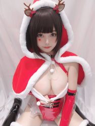 Rule 34 | 1girl, animal ears, asian, bare shoulders, black eyes, black hair, breasts, chinese (nationality), christmas, cleavage, cleavage cutout, clothing cutout, elbow gloves, gloves, heart, highres, indoors, large breasts, leggings, mizhimaoqiu, photo (medium), ribbon, santa costume, short hair, solo, tagme, thighs