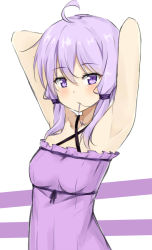 Rule 34 | 1girl, ahoge, armpits, arms up, bad id, bad pixiv id, bare shoulders, blush, breasts, closed mouth, collarbone, commentary request, criss-cross halter, dress, hair between eyes, hair in own mouth, halterneck, kohakope, purple dress, purple eyes, purple hair, small breasts, solo, voiceroid, white background, yuzuki yukari