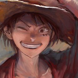 Rule 34 | 1boy, faux traditional media, grin, hand on headwear, hat, image sample, iridori, lowres, male focus, monkey d. luffy, one eye closed, one piece, open clothes, open shirt, painting (medium), pixiv sample, portrait, red shirt, scar, scar on face, shirt, short hair, smile, solo, straw hat, teeth, traditional media, v-shaped eyebrows, very short hair, wink
