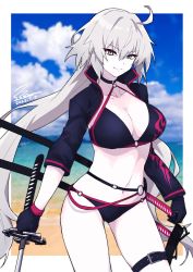Rule 34 | 1girl, ahoge, beach, bikini, black bikini, black gloves, black jacket, blue sky, border, breasts, cleavage, closed mouth, cloud, collarbone, commentary, cropped jacket, dated, fate/grand order, fate (series), floating hair, gloves, grey eyes, hair between eyes, highres, holding, holding sword, holding weapon, jacket, jeanne d&#039;arc alter (fate), jeanne d&#039;arc alter (swimsuit berserker) (fate), katana, large breasts, long hair, looking at viewer, navel, o-ring, o-ring bikini, outside border, ppps, sand, signature, sky, smile, solo, swimsuit, sword, very long hair, water, weapon, white border, white hair
