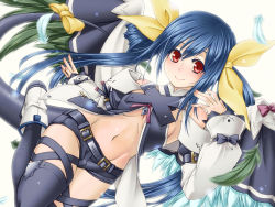 Rule 34 | 1girl, asymmetrical wings, belt, black thighhighs, blue hair, blush, breasts, dizzy (guilty gear), feathered wings, feathers, guilty gear, hair ribbon, highres, long hair, navel, orippa, red eyes, ribbon, small breasts, smile, solo, tail, tail ornament, tail ribbon, thighhighs, twintails, underboob, white background, wings