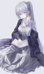 1girl absurdres black_coat blue_archive book breasts closed_mouth coat dress grey_background hand_up high_ponytail highres long_dress long_hair long_sleeves looking_at_viewer medium_breasts nightgown noa_(blue_archive) noa_(pajamas)_(blue_archive) off_shoulder open_book puffy_long_sleeves puffy_sleeves purple_eyes simple_background sitting smile solo straight_hair very_long_hair white_hair white_nightgown yaoyao_(yoyo27456335489)