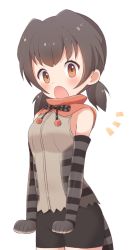 Rule 34 | 10s, 1girl, bare shoulders, bike shorts, blush, brown hair, buchi (y0u0ri ), cape, commentary request, cowboy shot, elbow gloves, frilled lizard (kemono friends), gloves, highres, kemono friends, lizard tail, neck ribbon, open mouth, ribbon, short hair, sleeveless, solo, striped, tail, twintails