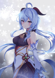 Rule 34 | 1girl, absurdres, ahoge, bare shoulders, bell, black gloves, black leotard, black pantyhose, blue hair, breasts, cleavage, closed mouth, covered navel, cowbell, cowboy shot, detached collar, detached sleeves, floating hair, ganyu (genshin impact), genshin impact, gloves, goat horns, gold trim, grey background, highres, horns, huge filesize, hyurasan, leotard, long hair, long sleeves, looking at viewer, low ponytail, medium breasts, pantyhose, pelvic curtain, red eyes, snowflakes, solo, standing, very long hair