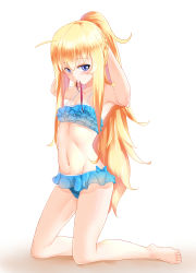 Rule 34 | 10s, 1girl, absurdres, adjusting hair, armpits, arms up, barefoot, bikini, blonde hair, blue eyes, blush, breasts, cameltoe, gabriel dropout, gala king, groin, highres, kneeling, long hair, mouth hold, navel, ponytail, ribbon, small breasts, smile, solo, swimsuit, gabriel tenma white, very long hair