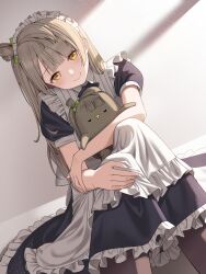 Rule 34 | 1girl, absurdres, apron, black pantyhose, blunt bangs, blush, dutch angle, enpik, grey hair, head tilt, highres, knee to chest, light rays, long hair, looking at viewer, love live!, love live! school idol project, maid apron, maid headdress, minami kotori, one side up, pantyhose, puffy sleeves, short sleeves, sitting, solo, stuffed toy, white apron, yellow eyes