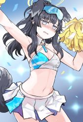 Rule 34 | armpits, artist request, bare shoulders, black hair, blue archive, breasts, cheerleader, cleavage, crop top, goggles, goggles on head, halo, hibiki (blue archive), hibiki (cheer squad) (blue archive), highres, linne (ruielinne), midriff, millennium cheerleader outfit (blue archive), navel, pleated skirt, skirt, small breasts, stomach, tagme, thighs