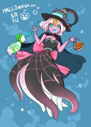 Rule 34 | :d, alternate form, black capelet, black skin, blonde hair, blue mouth, bodice, bow, bracelet, broom, bubble, capelet, circle, colored skin, commentary request, coral, english text, hat, highres, holding, holding broom, jack-o&#039;-lantern, jewelry, kuroyari122, looking at viewer, monster girl, multicolored hair, no pupils, no straight roads, open mouth, pink bow, pink skin, pumpkin, red hair, sayu (no straight roads), scylla, smile, spider web print, swimming, teeth, tentacles, underwater, upper teeth only, white hair, witch hat