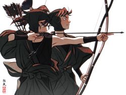 Rule 34 | 2boys, absurdres, aiming, arm guards, arrow (projectile), black hair, bow (weapon), brown hair, closed mouth, covered mouth, cowboy shot, drawing bow, focused, from side, hadanugi dousa, hair tubes, head scarf, high ponytail, highres, hip vent, holding, holding arrow, holding bow (weapon), holding weapon, ine (zx o4), japanese clothes, kema tomesaburou, kimono, long hair, long sleeves, looking away, male focus, multiple boys, ninja, open clothes, open kimono, outstretched arm, ponytail, profile, rakudai ninja rantarou, sash, simple background, smile, weapon, white background, zenpouji isaku