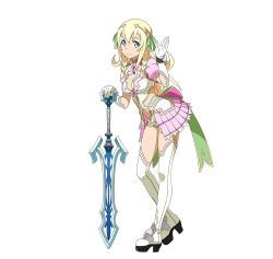 Rule 34 | 10s, 1girl, alice zuberg, blonde hair, boots, braid, breasts, cleavage, gloves, green eyes, green ribbon, hair ribbon, highres, long hair, official art, pointy ears, ribbon, simple background, smile, solo, sword, sword art online, sword art online: code register, thigh boots, thighhighs, twin braids, weapon, white background, white gloves, white thighhighs