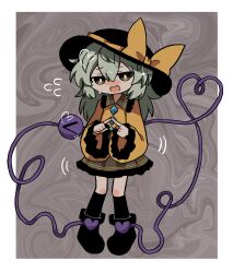 Rule 34 | 1girl, black footwear, black hat, blush, border, bow, forked eyebrows, frilled shirt collar, frilled skirt, frilled sleeves, frills, full body, green eyes, green skirt, grey background, hat, hat bow, heart, heart of string, highres, komeiji koishi, light green hair, long hair, long sleeves, looking at viewer, nose blush, open mouth, shoes, skirt, smile, solo, sweater, third eye, touhou, white border, yellow bow, yellow sweater, zunusama