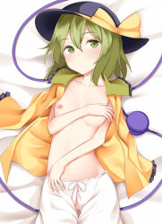 Rule 34 | 1girl, bed sheet, black hat, bloomers, bow, breasts, collarbone, crotchless, crotchless bloomers, green eyes, green hair, hair between eyes, hand on own chest, hat, hat bow, komeiji koishi, long sleeves, looking at viewer, lying, nipples, off shoulder, on back, pspmaru, shirt, small breasts, solo, third eye, topless, touhou, underwear, yellow bow, yellow shirt