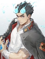 Rule 34 | 1boy, bandaged arm, bandages, bara, black eyes, black hair, black jacket, blue fire, closed mouth, collared shirt, commentary, fiery horns, fire, gakuran, gradient background, grey background, hair slicked back, horns, jacket, jacket on shoulders, looking at viewer, male focus, muscular, muscular male, sakimori toji, school uniform, shirt, short hair, short sleeves, solo, tass commuovere, thick eyebrows, tokyo houkago summoners, upper body, white background, white shirt