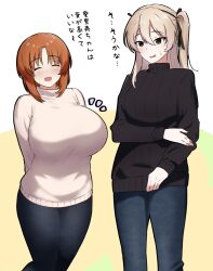 Rule 34 | 2girls, amogan, arms behind back, black pants, black ribbon, black sweater, blue pants, blush, breast conscious, breasts, brown eyes, brown hair, commentary, girls und panzer, grey sweater, hair ribbon, hand on own arm, height difference, highres, huge breasts, light brown hair, long hair, looking at another, multiple girls, nishizumi miho, notice lines, one side up, open mouth, pants, ribbon, shimada arisu, short hair, smile, sweatdrop, sweater, translated, turtleneck, turtleneck sweater