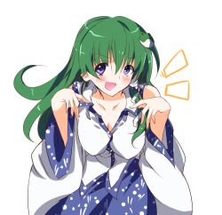 Rule 34 | 1girl, bare shoulders, blue eyes, blue skirt, blush, breasts, cleavage, frog hair ornament, green hair, hair ornament, ichimura kanata, japanese clothes, kochiya sanae, large breasts, long hair, looking at viewer, miko, one-hour drawing challenge, open mouth, polka dot, skirt, solo, touhou, white background