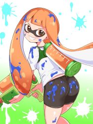 Rule 34 | 1girl, ass, bike shorts, black shorts, blunt bangs, blush, commentary, cougar (cougar1404), from behind, grin, holding, holding weapon, ink tank (splatoon), inkling, inkling player character, leaning forward, long hair, looking at viewer, looking back, midriff peek, nintendo, orange eyes, orange hair, paint on body, paint on clothes, paint splatter, paint splatter on face, pointy ears, shirt, short shorts, short sleeves, shorts, smile, solo, splatoon (series), splatoon 1, splattershot (splatoon), standing, t-shirt, tentacle hair, weapon, white shirt