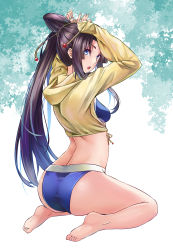 Rule 34 | 1girl, absurdres, adjusting hair, ass, bikini, blue bikini, blue eyes, blue nails, breasts, fate/grand order, fate (series), hair bun, highres, jacket, jacket over swimsuit, jeffrey10, long hair, long sleeves, nail polish, parted bangs, side ponytail, single hair bun, sitting, small breasts, solo, swimsuit, ushiwakamaru (fate), ushiwakamaru (fate/grand order), ushiwakamaru (swimsuit assassin) (fate), ushiwakamaru (swimsuit assassin) (first ascension) (fate), wariza, yellow jacket