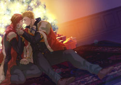 Rule 34 | 2boys, armor, black jacket, black pants, blonde hair, blush, box, cape, christmas, christmas tree, closed mouth, couple, closed eyes, formal, fur-trimmed cape, fur trim, gauntlets, gift, gift box, granblue fantasy, green eyes, hand grab, hand on another&#039;s face, holding hands, jacket, looking at another, male focus, multiple boys, on floor, pants, pauldrons, percival (granblue fantasy), red cape, red hair, red scarf, scarf, short hair, shoulder armor, single pauldron, sitting, smile, suit, touya tsuzuru, vane (granblue fantasy), yaoi