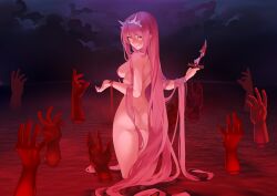Rule 34 | 1girl, absurdres, ass, back, blood, blush, breasts, cloud, cloudy sky, disembodied limb, fate/grand order, fate (series), highres, knife, long hair, looking at viewer, looking back, may (2747513627), medb (fate), medium breasts, night, night sky, nude, pink hair, pool of blood, sky, solo, tiara, very long hair, yellow eyes