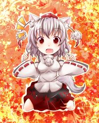 Rule 34 | 1girl, ^^^, animal ears, autumn leaves, bare shoulders, blush, breasts, chiya58, detached sleeves, fang, fork, hat, highres, inubashiri momiji, looking at viewer, open mouth, pom pom (clothes), red eyes, short hair, silver hair, sitting, solo, spoon, tail, tokin hat, touhou, wariza, wolf ears, wolf tail
