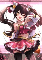 Rule 34 | 1girl, ;d, animal print, black hair, black thighhighs, blush, bow, breasts, crop top, garter straps, hair bow, head tilt, highres, idol, idolmaster, idolmaster cinderella girls, jacket, jacket partially removed, lace, lace-trimmed thighhighs, leopard print, long hair, looking at viewer, matoba risa, navel, one eye closed, open mouth, roccamoya, shirt, sleeveless, sleeveless shirt, small breasts, smile, solo, thighhighs, twintails, very long hair, white jacket