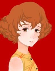 Rule 34 | 00s, 1girl, brown eyes, brown hair, looking at viewer, lowres, red background, red garden, rose sheedy, short hair, simple background, sleeveless, solo