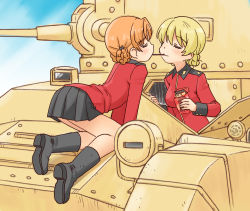 Rule 34 | 2girls, all fours, arm support, black bow, black footwear, black skirt, blonde hair, blue sky, boots, bow, braid, churchill (tank), closed eyes, closed mouth, cloud, cloudy sky, commentary, darjeeling (girls und panzer), day, epaulettes, food, girls und panzer, hair bow, holding, holding food, insignia, jacket, kneeling, leaning forward, long sleeves, military, military uniform, military vehicle, miniskirt, motor vehicle, multiple girls, on vehicle, orange hair, orange pekoe (girls und panzer), outdoors, parted bangs, pleated skirt, pocky, pocky kiss, red jacket, shared food, short hair, skirt, sky, smile, st. gloriana&#039;s military uniform, tank, twin braids, uniform, uona telepin, valentine (tank), yuri