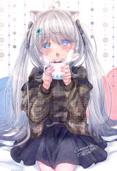 Rule 34 | 1girl, black bow, black jacket, black skirt, blue eyes, blue flower, blush, bow, commentary request, cup, eyes visible through hair, fang, flower, grey hair, grey shirt, hair bow, hair flower, hair ornament, hair over one eye, hands up, highres, holding, holding cup, ittokyu, jacket, long hair, long sleeves, looking at viewer, mug, off shoulder, open clothes, open jacket, open mouth, original, plaid, plaid shirt, pleated skirt, shirt, skirt, solo, steam, very long hair