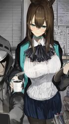 Rule 34 | 1girl, absurdres, aged up, amiya (arknights), animal ears, arknights, ascot, black coat, black jacket, blue ascot, breasts, brown hair, coat, coffee, cup, doctor (arknights), frilled ascot, frills, highres, holding, holding cup, holding tray, hood, hood up, hooded coat, hooded jacket, jacket, jewelry, kajuu, large breasts, long hair, multiple rings, neck ring, purple ascot, rabbit ears, ring, shirt, thumb ring, tray, white shirt