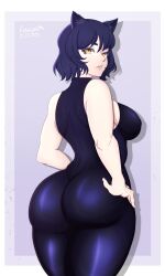 Rule 34 | 1girl, absurdres, artist name, ass, bare shoulders, black hair, blake belladonna, bodysuit, breasts, curvy, hands on own hips, highres, huge ass, impossible bodysuit, impossible clothes, large breasts, looking at viewer, looking back, parted lips, rosewald1929, rwby, short hair, sideboob, skin tight, sleeveless, solo, thick thighs, thighs, wide hips, yellow eyes