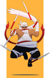 Rule 34 | 1boy, artist request, biceps, blonde hair, dark skin, facial hair, fingerless gloves, forehead protector, gloves, goatee, highres, jumping, killer bee, knife, male focus, midair, mouth hold, multiple wielding, naruto (series), naruto shippuuden, rope, sash, scarf, shadow, solo, sunglasses, toeless legwear, toes, white gloves