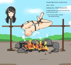 Rule 34 | 1girl, bdsm, beheaded, black hair, bondage, bound, breasts, burukabi, cannibalism, cooking, corpse, death, empty eyes, fire, guro, gynophagia, hanging breasts, hard-translated, large breasts, literal spitroast, long hair, nipples, nude, original, outdoors, spitroast (object), third-party edit