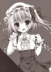 Rule 34 | 1girl, blush, bow, breasts, fang, flandre scarlet, greyscale, hat, highres, miwa futaba, monochrome, open clothes, open mouth, open shirt, polka dot, shirt, side ponytail, small breasts, solo, touhou, wings