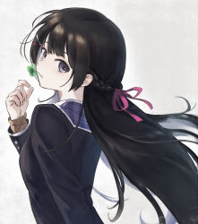 Rule 34 | 1girl, absurdres, arm behind back, black hair, black jacket, blazer, braid, brown cardigan, cardigan, clover, commentary request, floating hair, four-leaf clover, french braid, from behind, grey eyes, hair ornament, hair ribbon, hairclip, hand up, happa de happy, highres, hime cut, index finger raised, jacket, long hair, long sleeves, looking at viewer, looking back, mouth hold, nijisanji, pink ribbon, plaid, ribbon, solo, tsukino mito, tsukino mito (1st costume), upper body, virtual youtuber