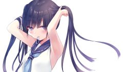 Rule 34 | 1girl, armpits, arms up, black hair, blue neckerchief, blush, breasts, closed mouth, commentary request, hair tie in mouth, highres, long hair, looking at viewer, mouth hold, na-ga, neckerchief, original, purple eyes, sidelocks, simple background, small breasts, solo, tank top, twintails, tying hair, upper body, white background, white tank top